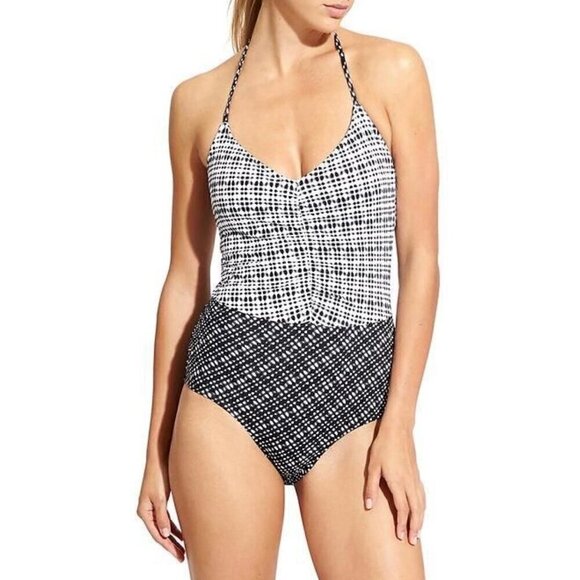 Athleta Swim Vichy One Piece Halter Neck V-Neck Ruched Bathing Suit Summer Small - Picture 1 of 11